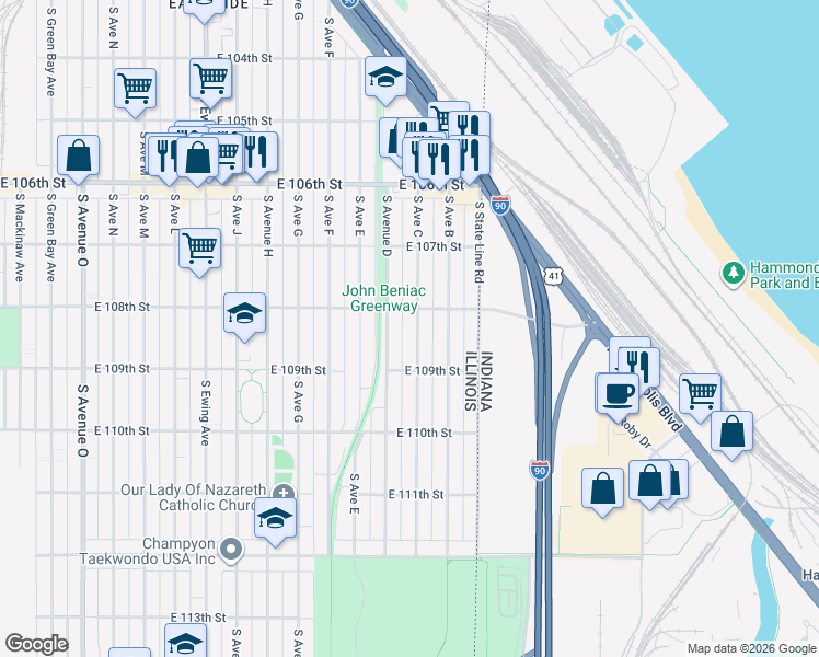 map of restaurants, bars, coffee shops, grocery stores, and more near 10819 South Avenue D in Chicago