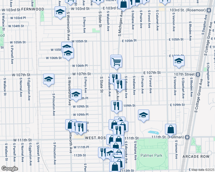 map of restaurants, bars, coffee shops, grocery stores, and more near 10746 South Wabash Avenue in Chicago