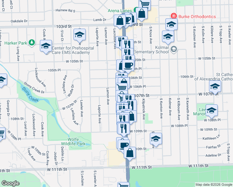 map of restaurants, bars, coffee shops, grocery stores, and more near 4820 West 107th Street in Oak Lawn