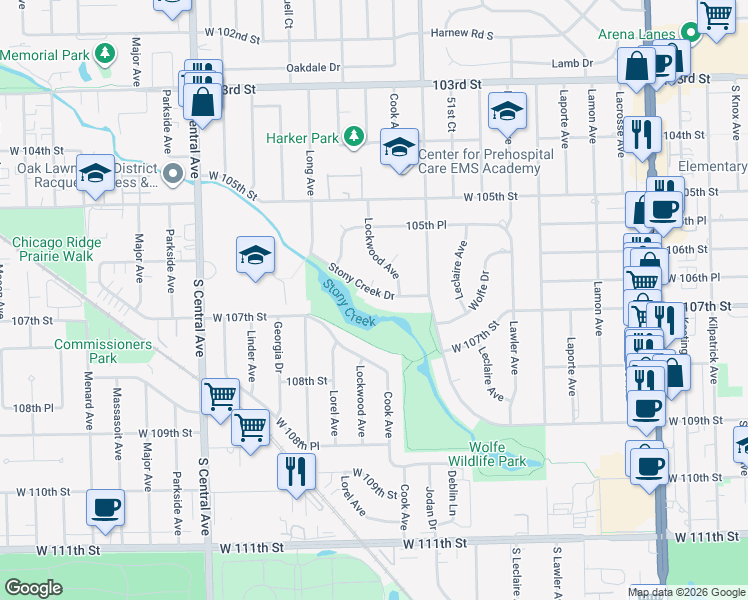map of restaurants, bars, coffee shops, grocery stores, and more near 5301 Stony Creek Drive in Oak Lawn
