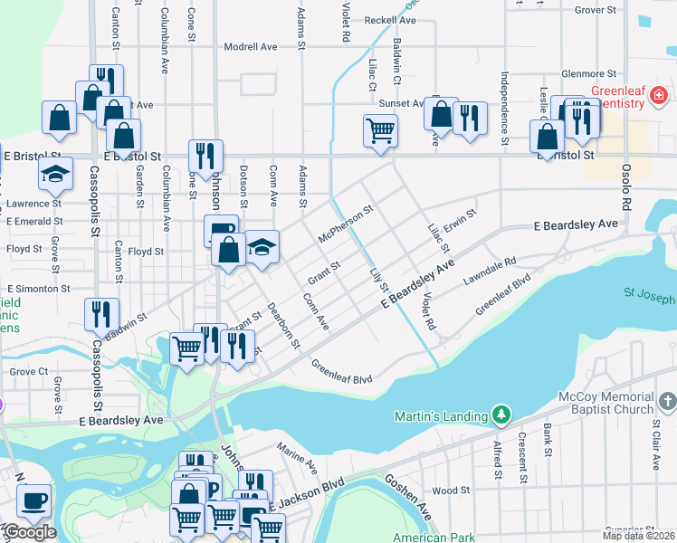 map of restaurants, bars, coffee shops, grocery stores, and more near 1203 Grant Street in Elkhart