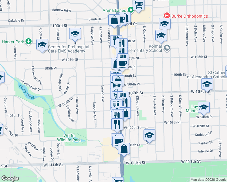 map of restaurants, bars, coffee shops, grocery stores, and more near 4820 West 107th Street in Oak Lawn