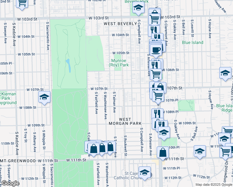 map of restaurants, bars, coffee shops, grocery stores, and more near 10717 South Talman Avenue in Chicago