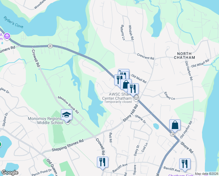 map of restaurants, bars, coffee shops, grocery stores, and more near 36 Misty Meadow Lane in Chatham