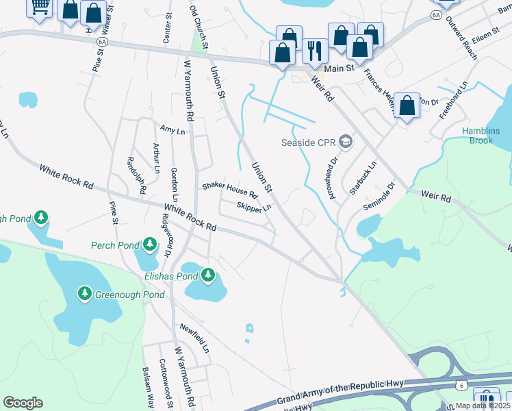map of restaurants, bars, coffee shops, grocery stores, and more near 18 Skipper Lane in Yarmouth
