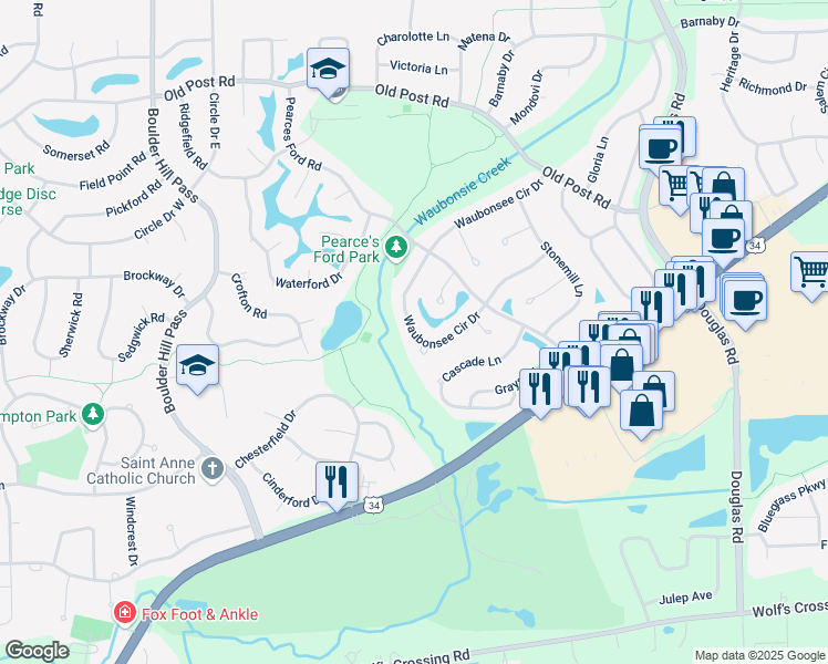 map of restaurants, bars, coffee shops, grocery stores, and more near 475 Waubonsee Circle Drive in Oswego