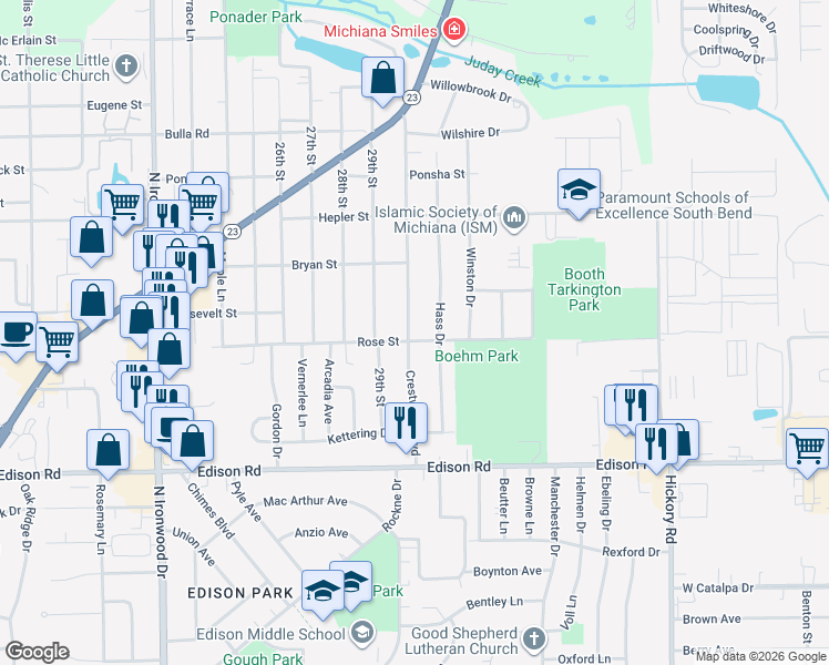 map of restaurants, bars, coffee shops, grocery stores, and more near 1704 Crestwood Boulevard in South Bend