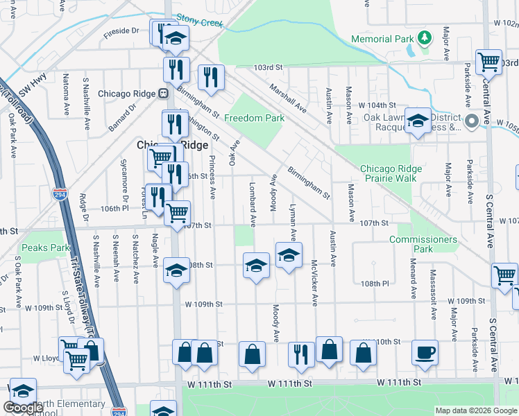 map of restaurants, bars, coffee shops, grocery stores, and more near 10639 Lombard Avenue in Chicago Ridge