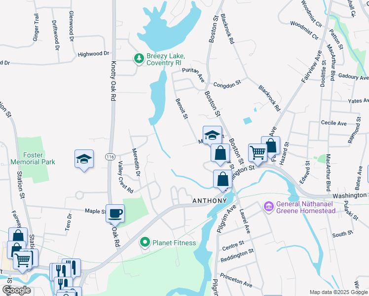 map of restaurants, bars, coffee shops, grocery stores, and more near 44 Meeting Street in Coventry