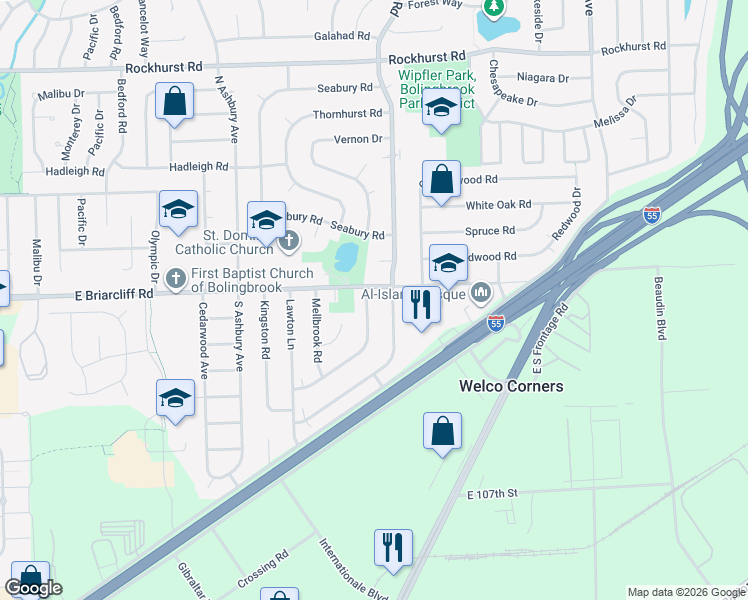 map of restaurants, bars, coffee shops, grocery stores, and more near 104 Oxford Road in Bolingbrook