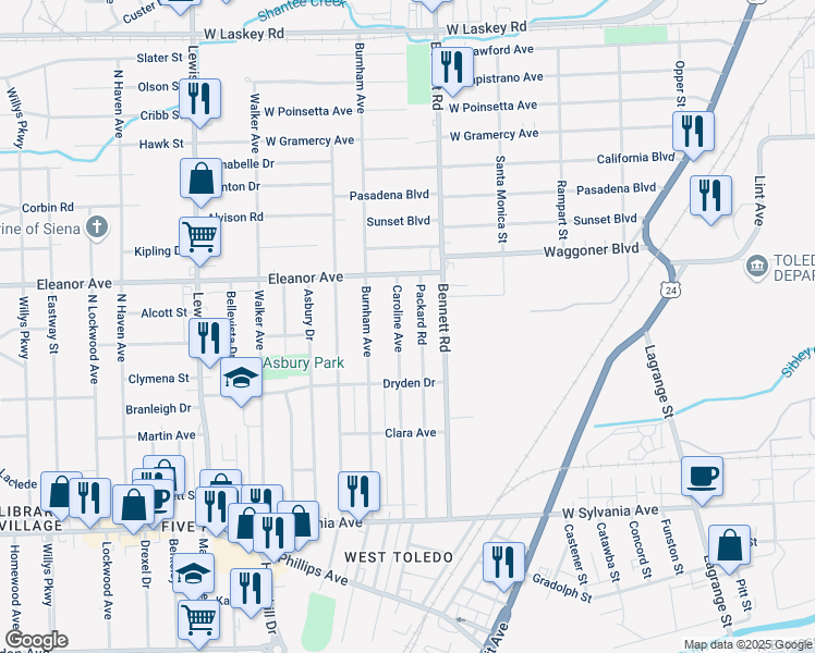 map of restaurants, bars, coffee shops, grocery stores, and more near 4402 Caroline Ave in Toledo