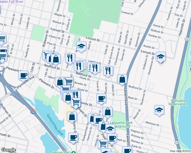 map of restaurants, bars, coffee shops, grocery stores, and more near 1076 Bedford Street in Fall River