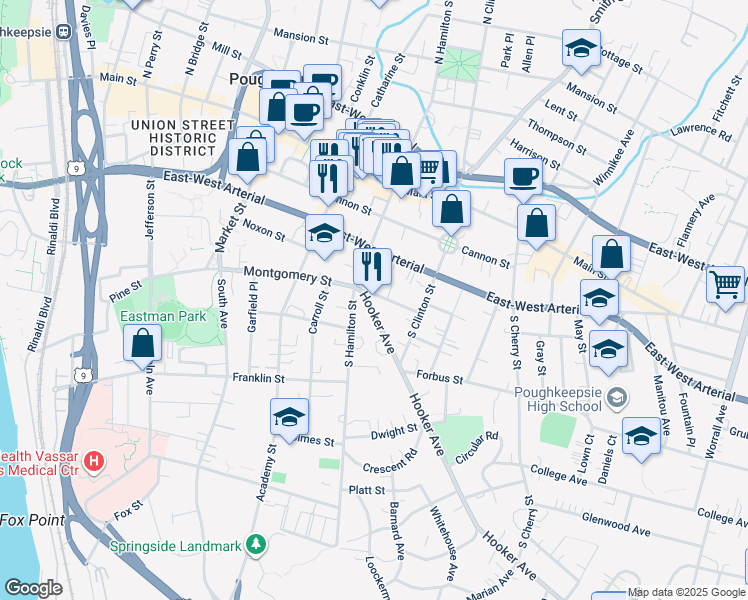 map of restaurants, bars, coffee shops, grocery stores, and more near 6 Hooker Avenue in Poughkeepsie