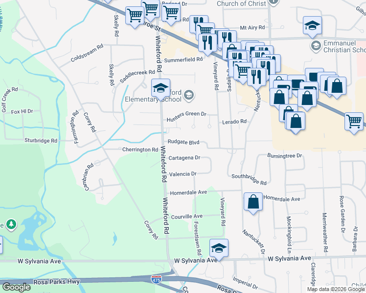 map of restaurants, bars, coffee shops, grocery stores, and more near 5003 Rudgate Boulevard in Toledo