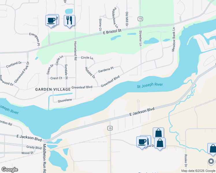 map of restaurants, bars, coffee shops, grocery stores, and more near 23042 Greenleaf Boulevard in Elkhart