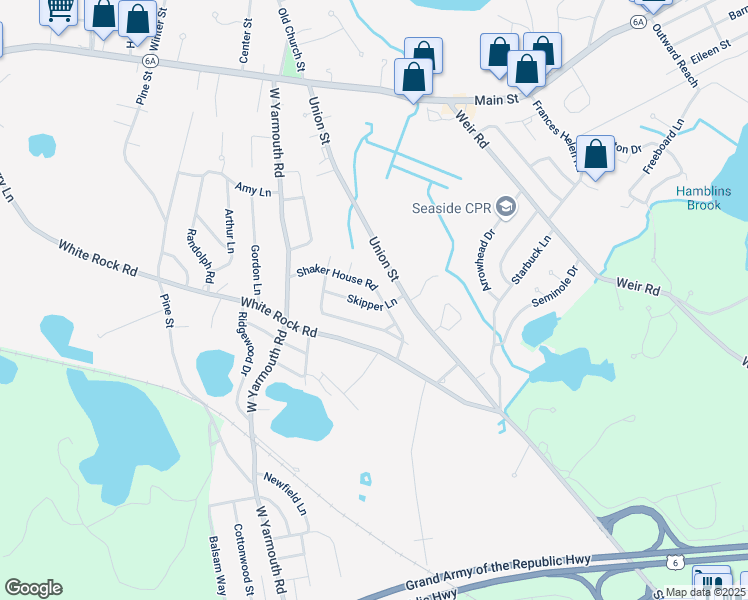 map of restaurants, bars, coffee shops, grocery stores, and more near 18 Skipper Lane in Yarmouth