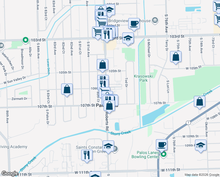 map of restaurants, bars, coffee shops, grocery stores, and more near 7932 Tiffany Court in Palos Hills