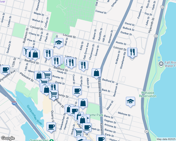map of restaurants, bars, coffee shops, grocery stores, and more near 47 Chavenson Street in Fall River