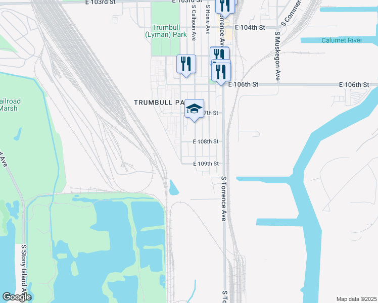 map of restaurants, bars, coffee shops, grocery stores, and more near 10816 South Calhoun Avenue in Chicago