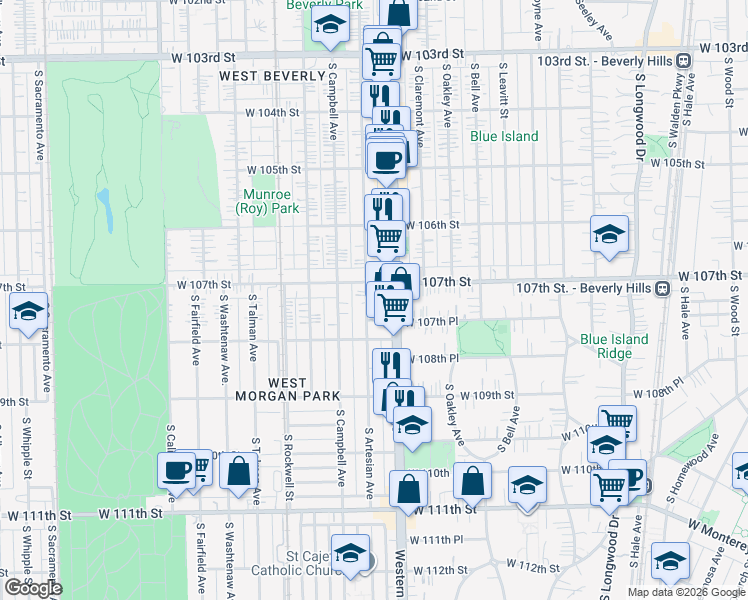 map of restaurants, bars, coffee shops, grocery stores, and more near 10717 South Artesian Avenue in Chicago