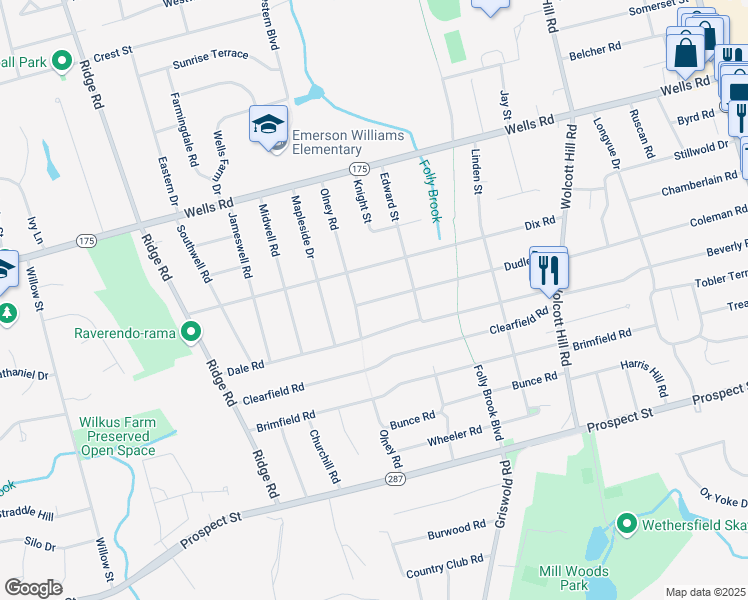 map of restaurants, bars, coffee shops, grocery stores, and more near 181 Dudley Rd in Wethersfield