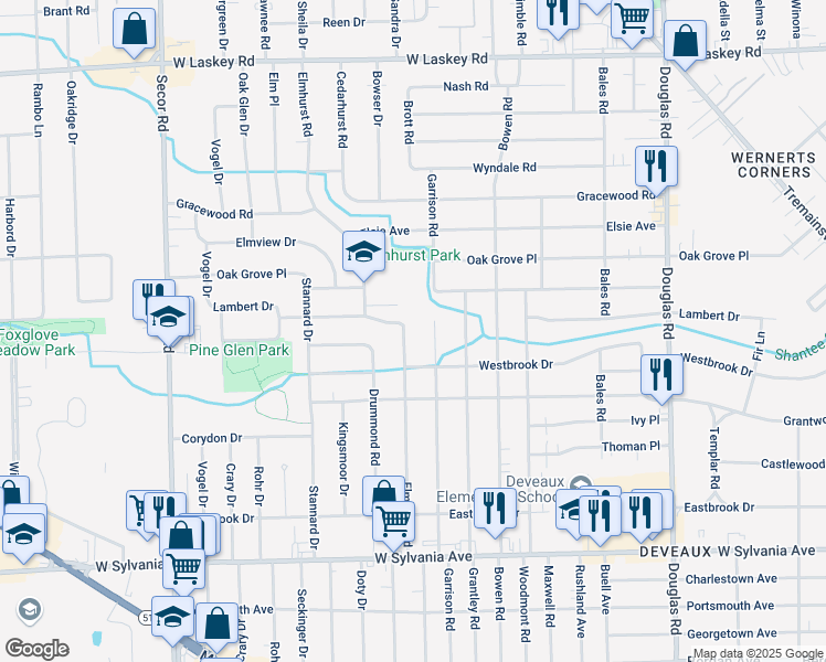 map of restaurants, bars, coffee shops, grocery stores, and more near 4433 Elmhurst Road in Toledo