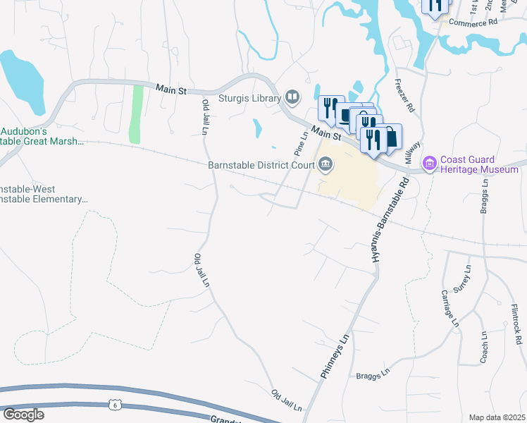 map of restaurants, bars, coffee shops, grocery stores, and more near 190 Pine Lane in Barnstable