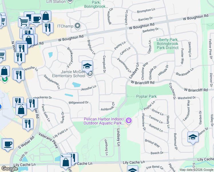 map of restaurants, bars, coffee shops, grocery stores, and more near 132 Glen Lake Drive in Bolingbrook