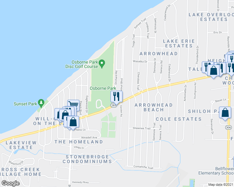 map of restaurants, bars, coffee shops, grocery stores, and more near 889 Orchard Road in Willoughby