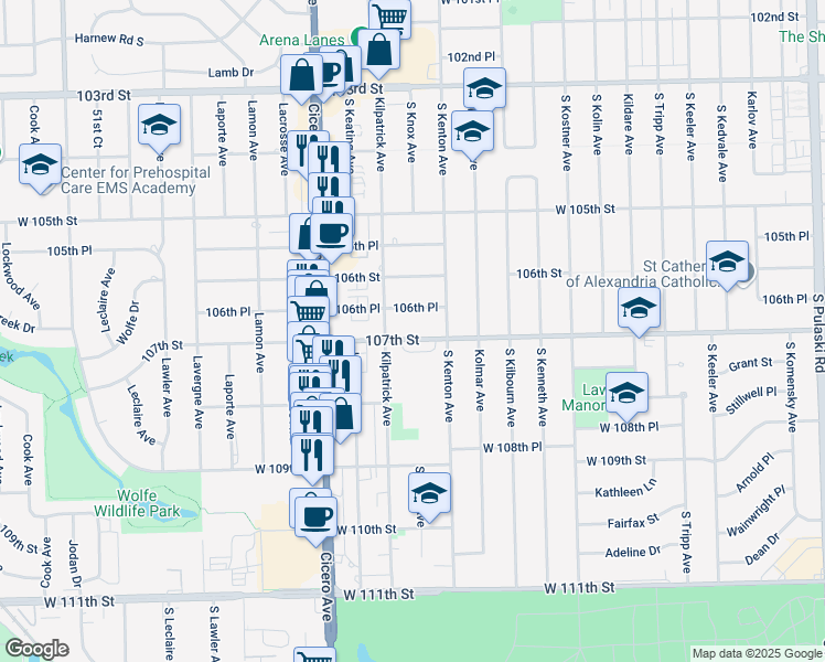 map of restaurants, bars, coffee shops, grocery stores, and more near 4624 107th Street in Oak Lawn