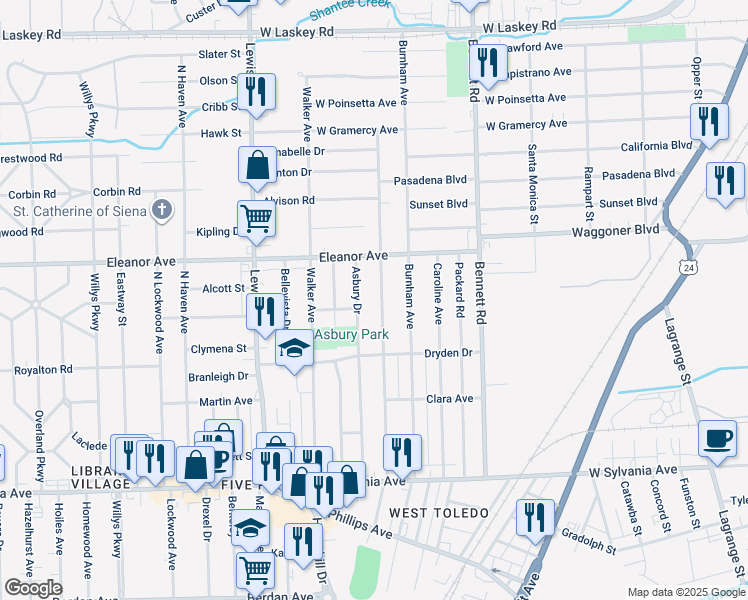 map of restaurants, bars, coffee shops, grocery stores, and more near 4405 Vermaas Avenue in Toledo