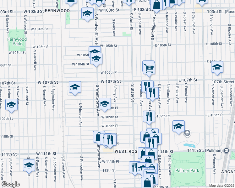 map of restaurants, bars, coffee shops, grocery stores, and more near 10443 South Perry Avenue in Chicago