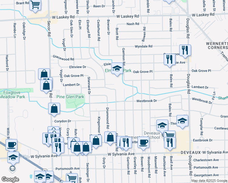 map of restaurants, bars, coffee shops, grocery stores, and more near 4433 Elmhurst Rd in Toledo