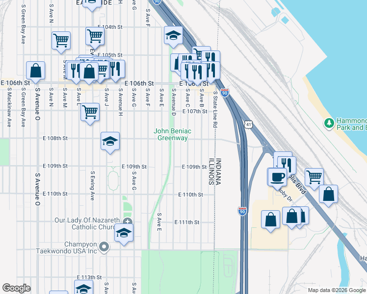 map of restaurants, bars, coffee shops, grocery stores, and more near 10819 South Avenue D in Chicago