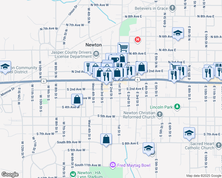 map of restaurants, bars, coffee shops, grocery stores, and more near 201 South 2nd Avenue West in Newton