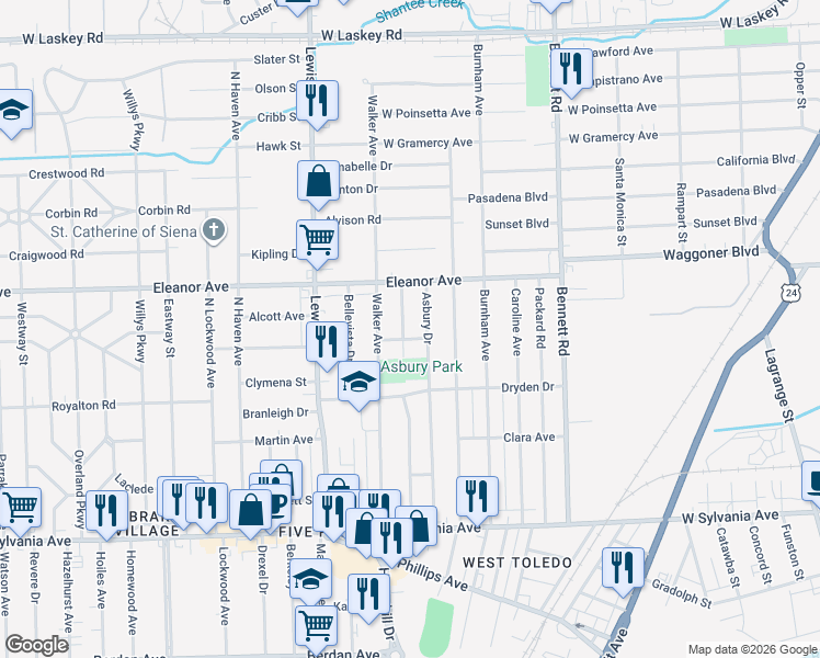 map of restaurants, bars, coffee shops, grocery stores, and more near 4410 Fairview Drive in Toledo