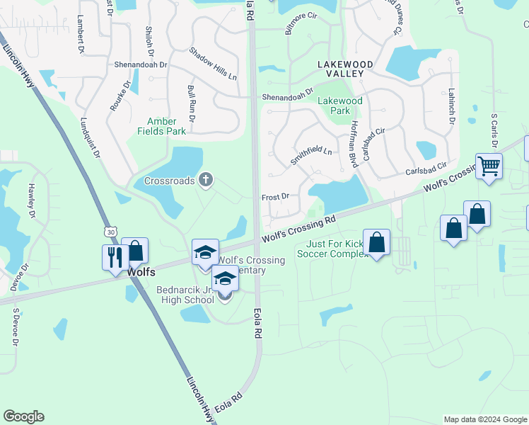 map of restaurants, bars, coffee shops, grocery stores, and more near 2421 Dickens Drive in Aurora