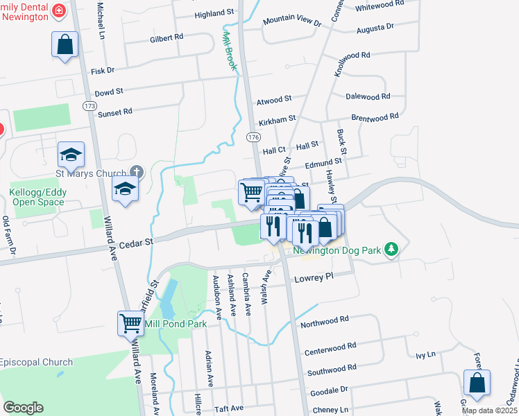 map of restaurants, bars, coffee shops, grocery stores, and more near 955 Main Street in Newington