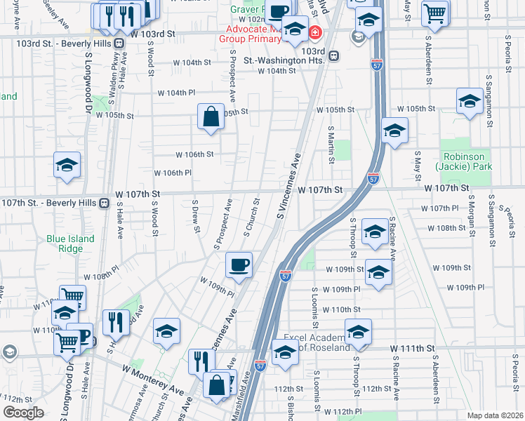 map of restaurants, bars, coffee shops, grocery stores, and more near 10727 South Church Street in Chicago