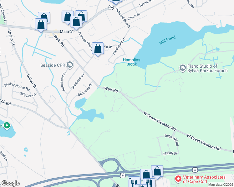 map of restaurants, bars, coffee shops, grocery stores, and more near 171 Weir Road in Yarmouth