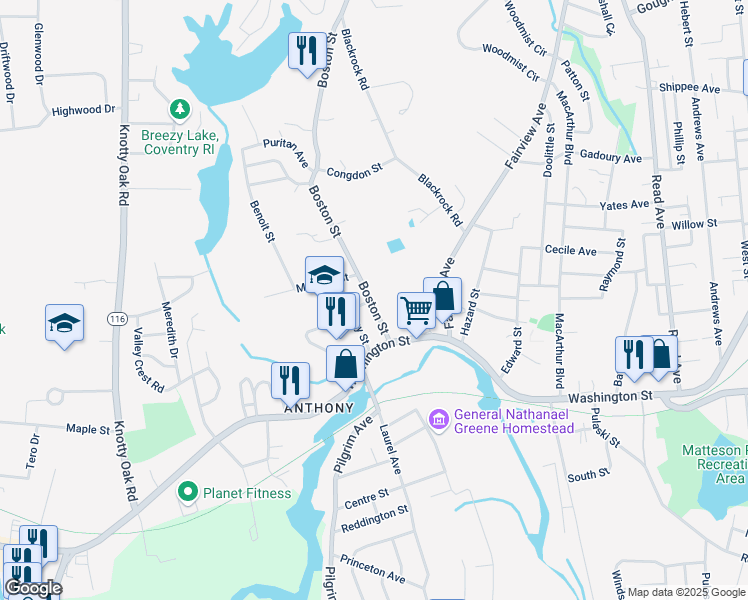 map of restaurants, bars, coffee shops, grocery stores, and more near 21 Boston Street in Coventry