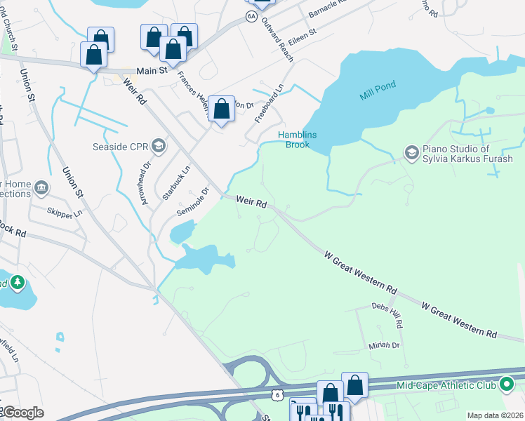 map of restaurants, bars, coffee shops, grocery stores, and more near 171 Weir Road in Yarmouth