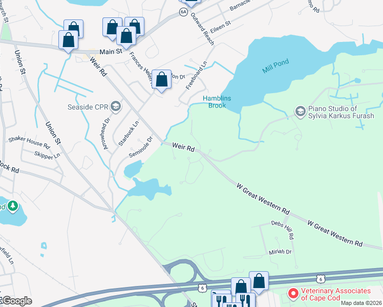 map of restaurants, bars, coffee shops, grocery stores, and more near 171 Weir Road in Yarmouth