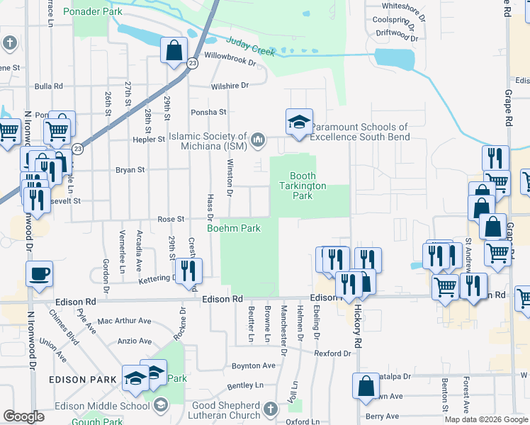 map of restaurants, bars, coffee shops, grocery stores, and more near 1701-1799 Rerick St in South Bend