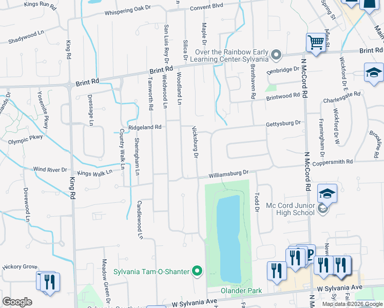 map of restaurants, bars, coffee shops, grocery stores, and more near 4607 Vicksburg Drive in Sylvania