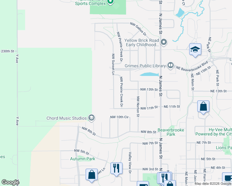 map of restaurants, bars, coffee shops, grocery stores, and more near 1305 Northwest Sunset Lane in Grimes