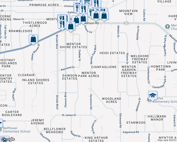 map of restaurants, bars, coffee shops, grocery stores, and more near 6338 Mentor Park Boulevard in Mentor