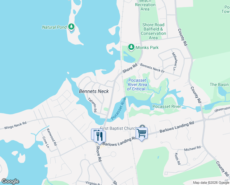 map of restaurants, bars, coffee shops, grocery stores, and more near 21 Wales Drive in Bourne