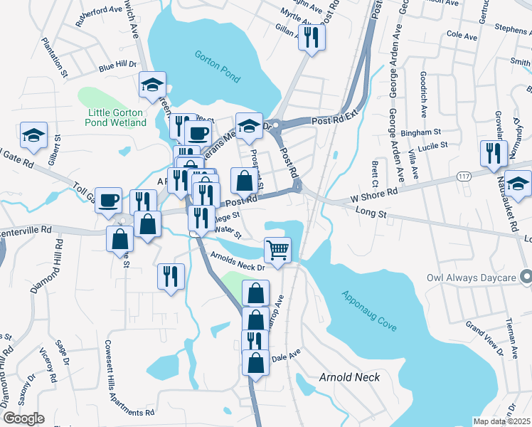 map of restaurants, bars, coffee shops, grocery stores, and more near 72 College Street in Warwick