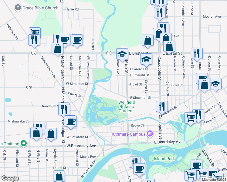 map of restaurants, bars, coffee shops, grocery stores, and more near 156 West Simonton Street in Elkhart